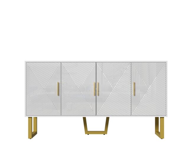 Aparador moderno 150 cm - puertas estructuradas brillantes, 4 puertas, estantes ajustables, tiradores dorados - blanco