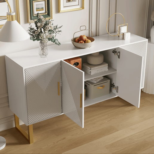 Aparador moderno 150 cm - Portas estruturadas brilhantes, 4 portas, prateleiras ajustáveis, puxadores dourados - Branco