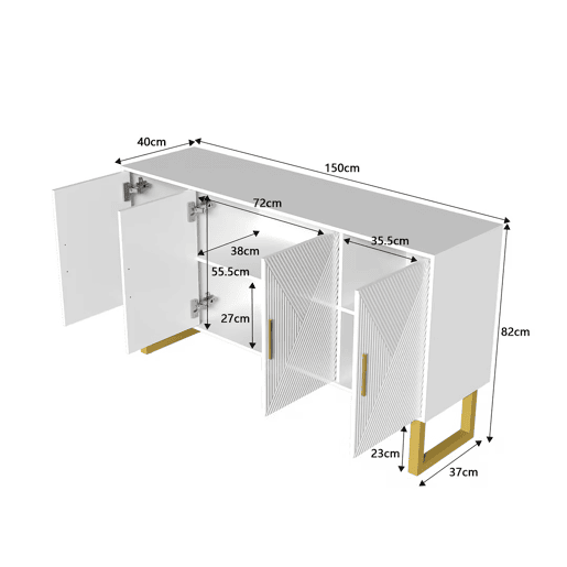 Aparador moderno 150 cm - Portas estruturadas brilhantes, 4 portas, prateleiras ajustáveis, puxadores dourados - Branco