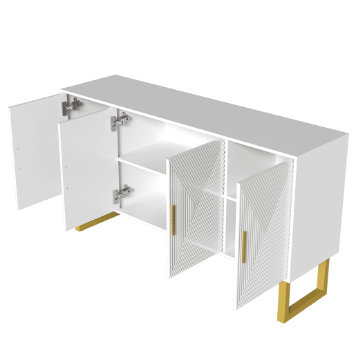 Aparador moderno 150 cm - Portas estruturadas brilhantes, 4 portas, prateleiras ajustáveis, puxadores dourados - Branco