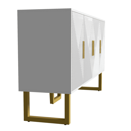 Aparador moderno 150 cm - Portas estruturadas brilhantes, 4 portas, prateleiras ajustáveis, puxadores dourados - Branco