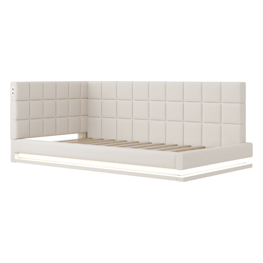 Sofá-cama com colchão de 90*200 - Multifuncional com luz LED, porta USB e estrado - Bege