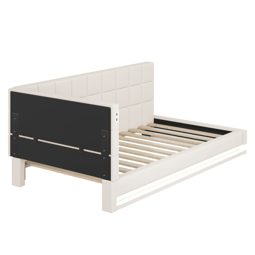 Sofá-cama com colchão de 90*200 - Multifuncional com luz LED, porta USB e estrado - Bege