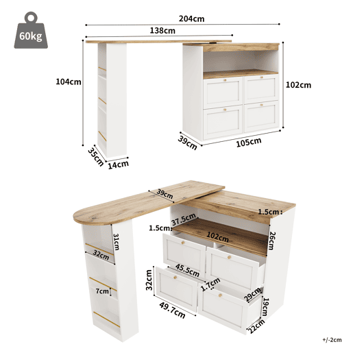 Mesa de bar giratória 105x39x102 cm - 4 gavetas e prateleiras abertas - Branco