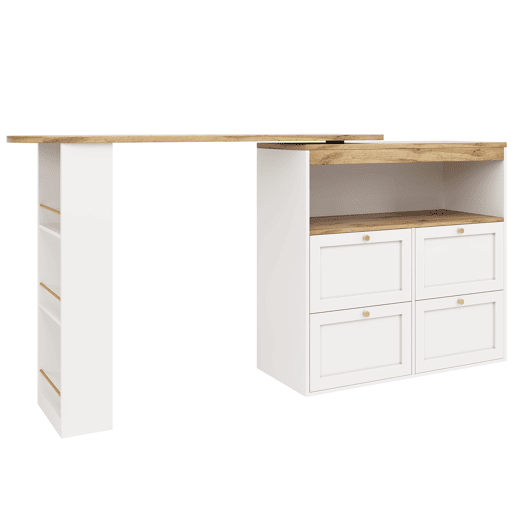Mesa de bar giratória 105x39x102 cm - 4 gavetas e prateleiras abertas - Branco