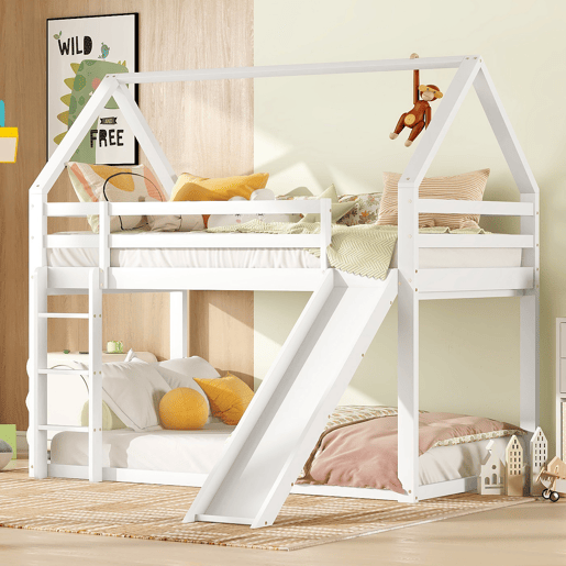 Cama individual 90x200cm - Cama infantil com escorregador e escada - Branca