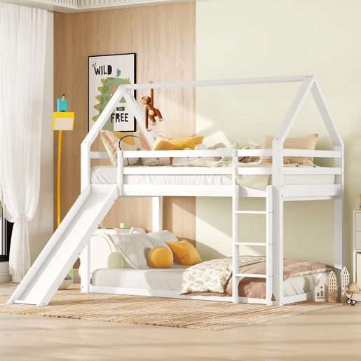 Cama individual 90x200cm - Cama infantil com escorregador e escada - Branca