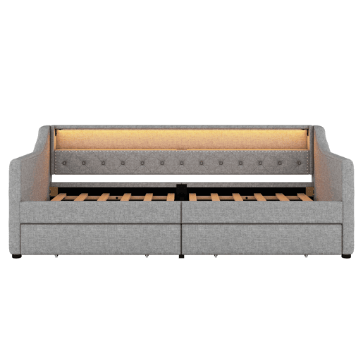 Cama de dia 90x200 cm - Sofá-cama com duas gavetas, luz ambiente com controlo remoto, porta USB - Cinza
