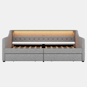 Cama de dia 90x200 cm - Sofá-cama com duas gavetas, luz ambiente com controlo remoto, porta USB - Cinza