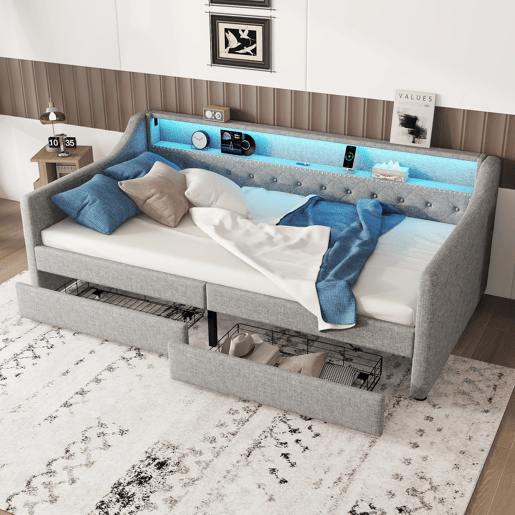 Cama de dia 90x200 cm - Sofá-cama com duas gavetas, luz ambiente com controlo remoto, porta USB - Cinza