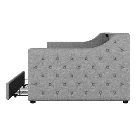 Cama de dia 90x200 cm - Sofá-cama com duas gavetas, luz ambiente com controlo remoto, porta USB - Cinza