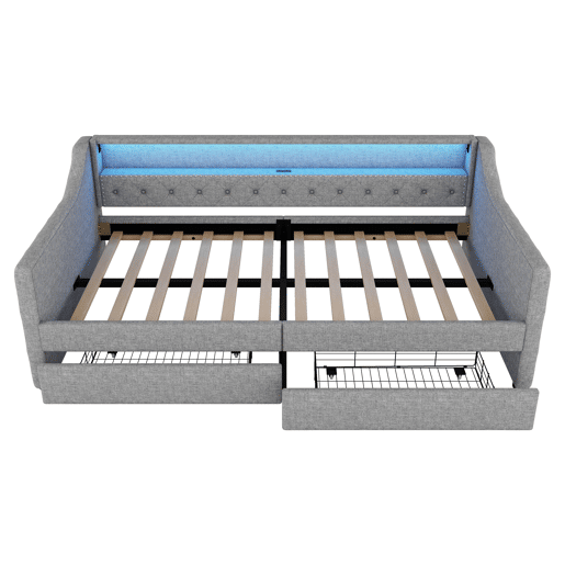 Cama de dia 90x200 cm - Sofá-cama com duas gavetas, luz ambiente com controlo remoto, porta USB - Cinza