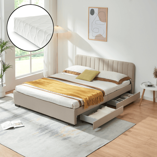 Cama estofada Nofrenna com 4 gavetas MDF + colchão 160x200 cm Bege en.casa