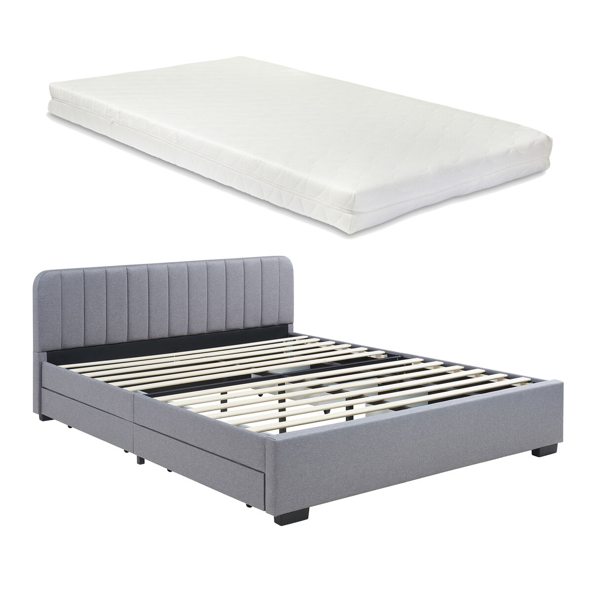 Cama matrimonio Nofrenna 4 cajones tapizada lino + colchón 161x204
