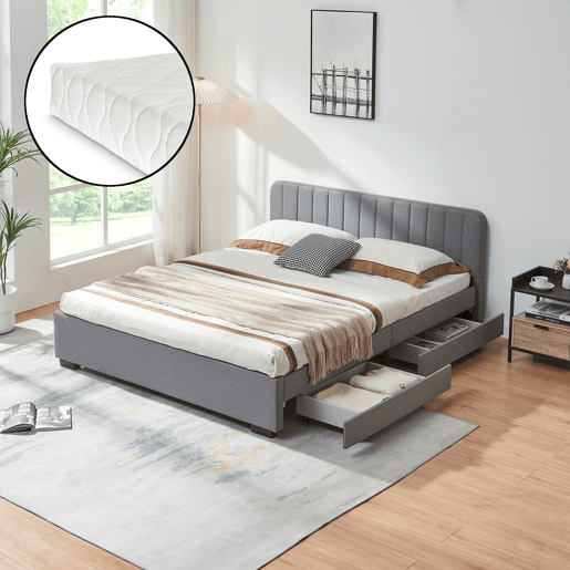 Cama estofada Nofrenna com 4 gavetas MDF + colchão 160x200 cm Cinzento en.casa