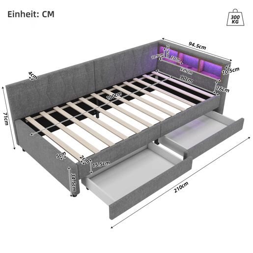 Cama de dia 90x200 cm - Sofá-cama, com arrumação, USB+Tipo C, luz LED com comando, 2 gavetas, com estrado - Cinza