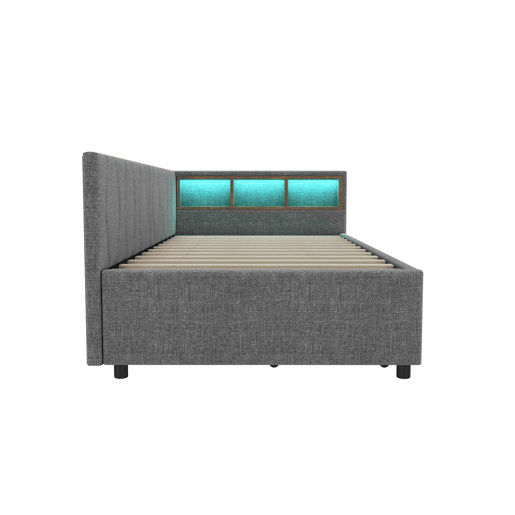 Cama de dia 90x200 cm - Sofá-cama, com arrumação, USB+Tipo C, luz LED com comando, 2 gavetas, com estrado - Cinza