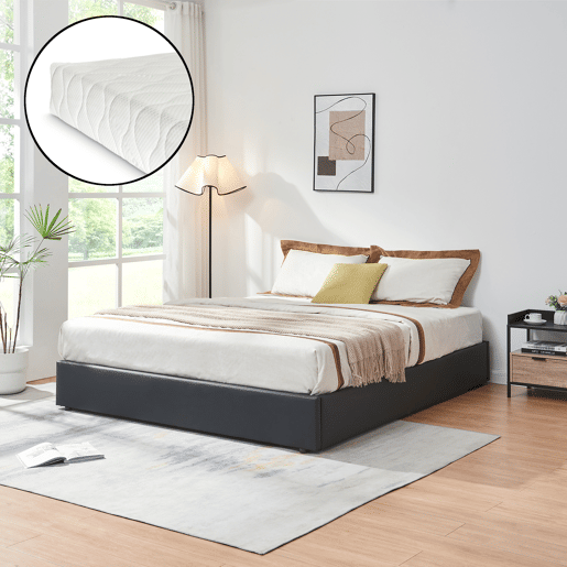 Cama estofada Nola com estrado pele sintética + colchão 160x200 cm Preta en.casa