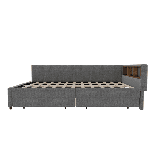 Cama de 140x200 cm - Cama convertível, armazenamento com 2 gavetas, luz LED ambiente, USB+Tipo C, com estrado - Cinza