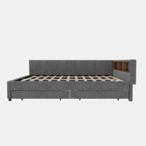 Cama de 140x200 cm - Cama convertível, armazenamento com 2 gavetas, luz LED ambiente, USB+Tipo C, com estrado - Cinza