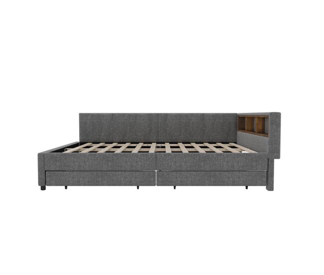 Cama día 140x200 cm - cama convertible, almacenamiento con 2 cajones, luz led ambiental, usb+tipo c, con somier - gris