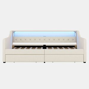Cama de dia 90x200 cm - Sofá-cama, com estrado de ripas (sem colchão), luz ambiente com comando, duas gavetas, porta USB - Bege