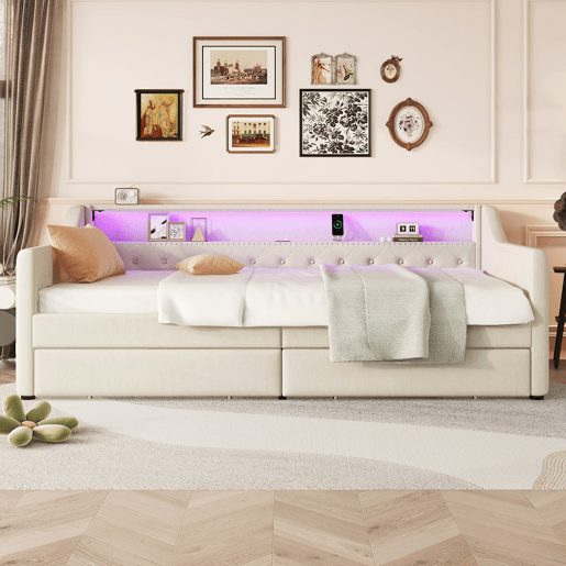 Cama de dia 90x200 cm - Sofá-cama, com estrado de ripas (sem colchão), luz ambiente com comando, duas gavetas, porta USB - Bege