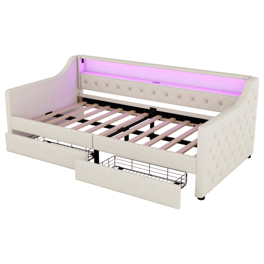 Cama de dia 90x200 cm - Sofá-cama, com estrado de ripas (sem colchão), luz ambiente com comando, duas gavetas, porta USB - Bege