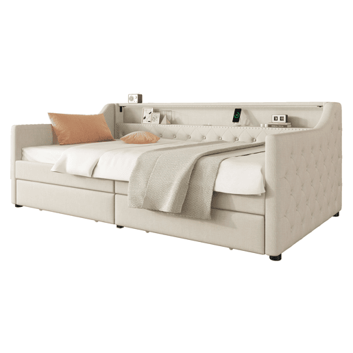 Cama de dia 90x200 cm - Sofá-cama, com estrado de ripas (sem colchão), luz ambiente com comando, duas gavetas, porta USB - Bege