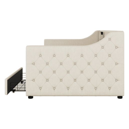 Cama de dia 90x200 cm - Sofá-cama, com estrado de ripas (sem colchão), luz ambiente com comando, duas gavetas, porta USB - Bege