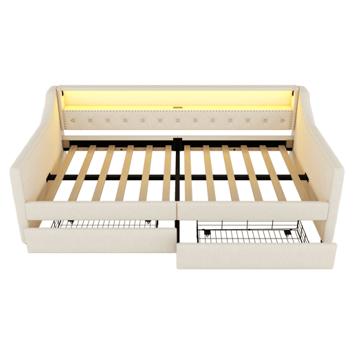 Cama de dia 90x200 cm - Sofá-cama, com estrado de ripas (sem colchão), luz ambiente com comando, duas gavetas, porta USB - Bege