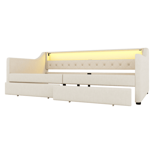 Cama de dia 90x200 cm - Sofá-cama, com estrado de ripas (sem colchão), luz ambiente com comando, duas gavetas, porta USB - Bege