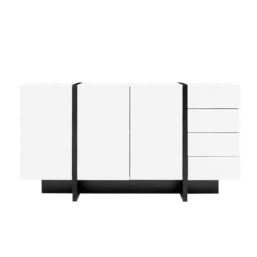 Aparador branco de alto brilho - 2 portas, 4 gavetas, design moderno e simples - Branco+Preto
