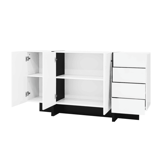 Aparador branco de alto brilho - 2 portas, 4 gavetas, design moderno e simples - Branco+Preto