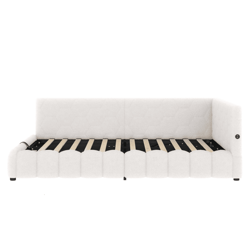Cama de dia 140x200 - Sofá-cama com LED, armazenamento hidráulico, USB e Tipo-C - Branco