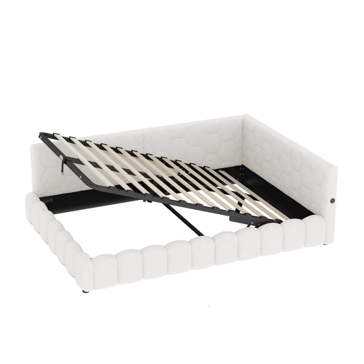 Cama de dia 140x200 - Sofá-cama com LED, armazenamento hidráulico, USB e Tipo-C - Branco