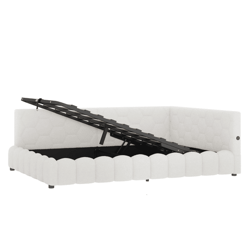 Cama de dia 140x200 - Sofá-cama com LED, armazenamento hidráulico, USB e Tipo-C - Branco