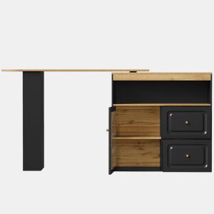 Mesa de bar giratória 360° - 2 gavetas, prateleira para snacks, prateleira aberta, com vidros curvos - preta