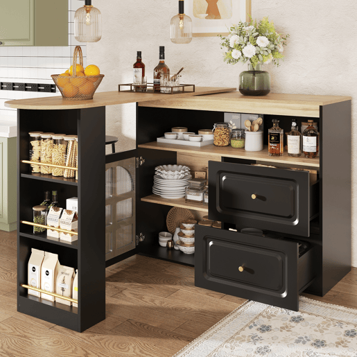 Mesa de bar giratória 360° - 2 gavetas, prateleira para snacks, prateleira aberta, com vidros curvos - preta