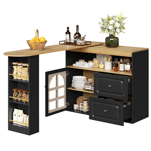 Mesa de bar giratória 360° - 2 gavetas, prateleira para snacks, prateleira aberta, com vidros curvos - preta
