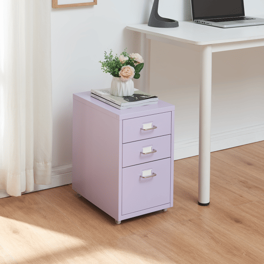 Armário de arquivo móvel Kökar com 3 gavetas aço 48x28x41 cm Roxo claro en.casa