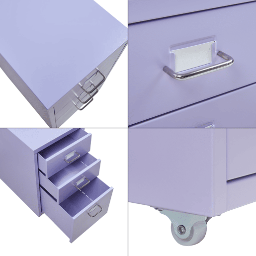 Armário de arquivo móvel Kökar com 3 gavetas aço 48x28x41 cm Roxo claro en.casa