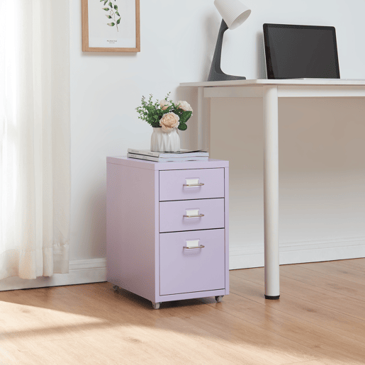 Armário de arquivo móvel Kökar com 3 gavetas aço 48x28x41 cm Roxo claro en.casa