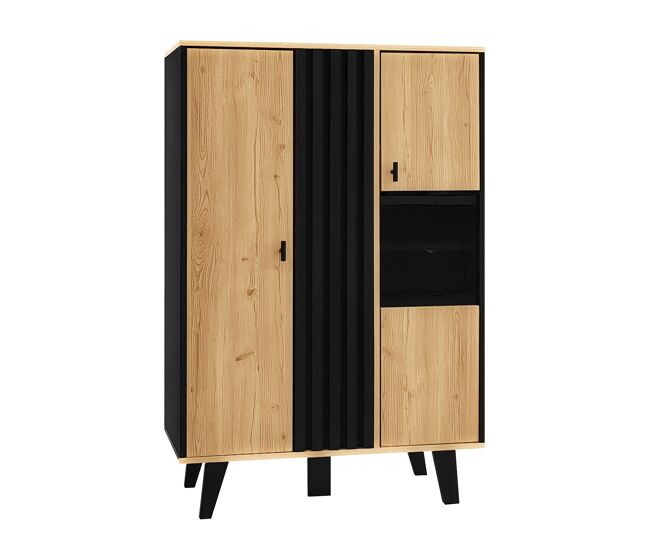 Mueble auxiliar, sideboard, vitrinas con vidrio y luz led - diseño único de tiras de madera negras - madera