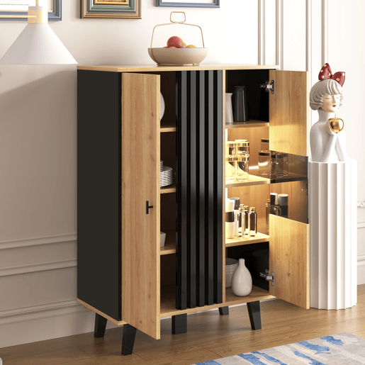 Móvel auxiliar, aparador, vitrines com vidro e luz LED - Design exclusivo com tiras de madeira pretas - Madeira
