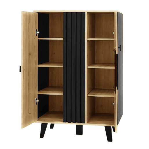 Móvel auxiliar, aparador, vitrines com vidro e luz LED - Design exclusivo com tiras de madeira pretas - Madeira