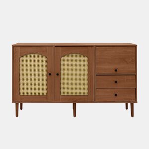 Aparador estilo rústico 130x75,5x40 cm - Portas em rattan, fecho magnético, prateleiras ajustáveis - Design elegante e versátil - Cor madeira
