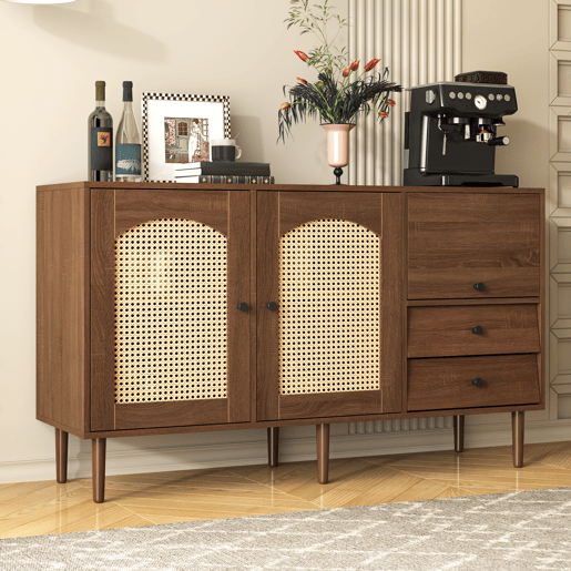 Aparador estilo rústico 130x75,5x40 cm - Portas em rattan, fecho magnético, prateleiras ajustáveis - Design elegante e versátil - Cor madeira