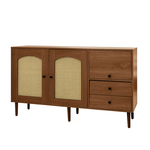 Aparador estilo rústico 130x75,5x40 cm - Portas em rattan, fecho magnético, prateleiras ajustáveis - Design elegante e versátil - Cor madeira
