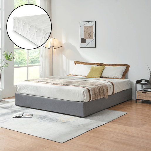 Cama estofada Nola com estrado linho + colchão 160x200 cm Cinzento en.casa
